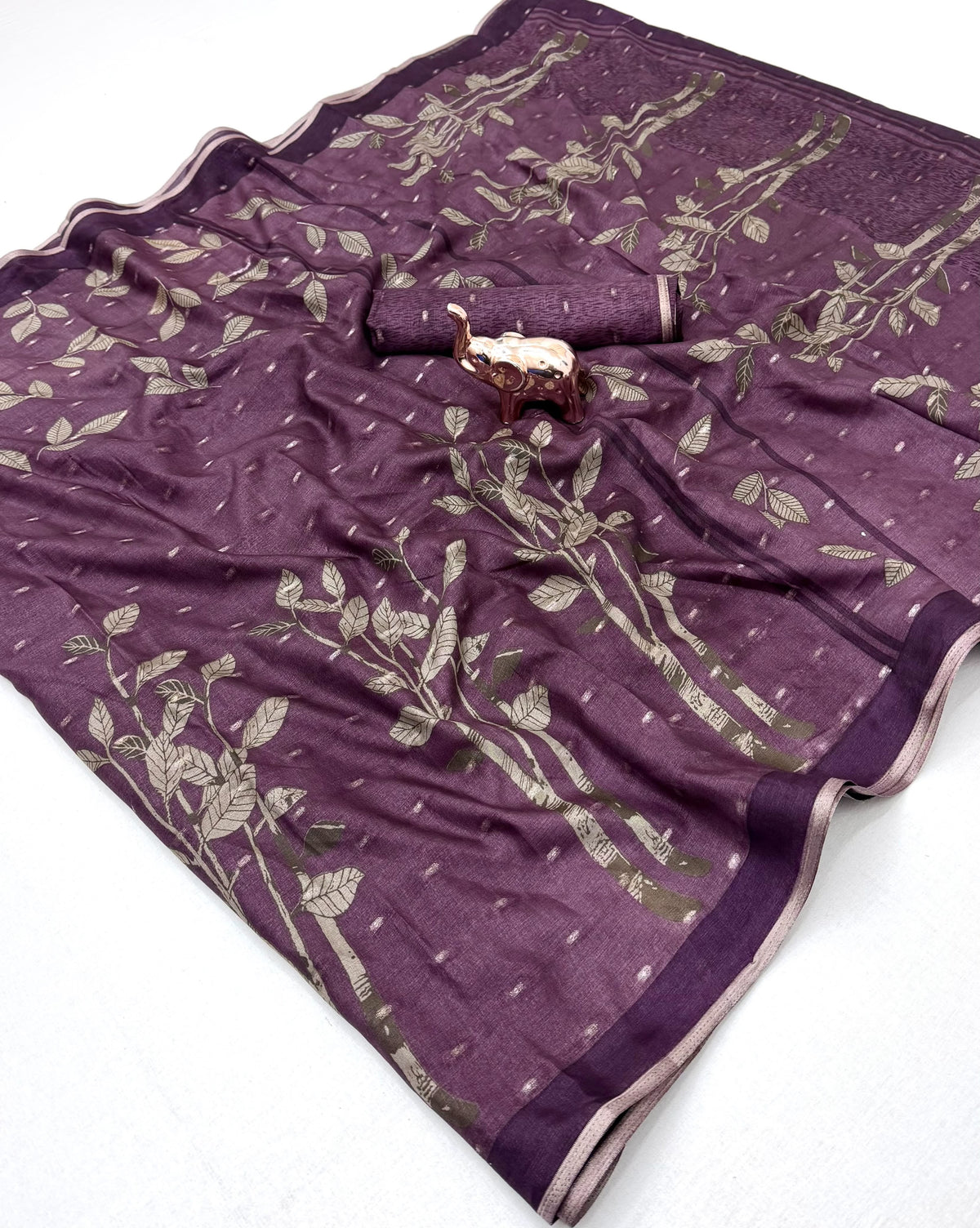 Tussar Silk Saree with Botanical Leaf Motifs and Contrast Border, 6.3 Metres with Running Blouse for Elegant Office Wear