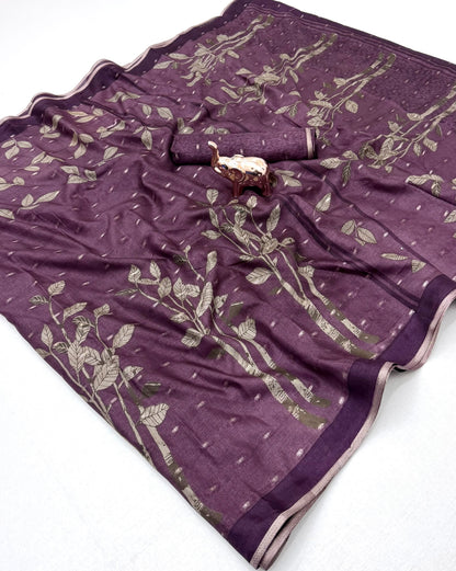 Tussar Silk Saree with Botanical Leaf Motifs and Contrast Border, 6.3 Metres with Running Blouse for Elegant Office Wear