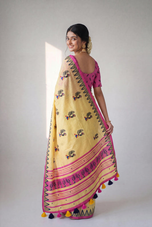 Yellow Soft Linen Cotton Saree with Folk Art Motifs, Magenta Border, Tassel Pallu and Running Blouse for Daily Wear