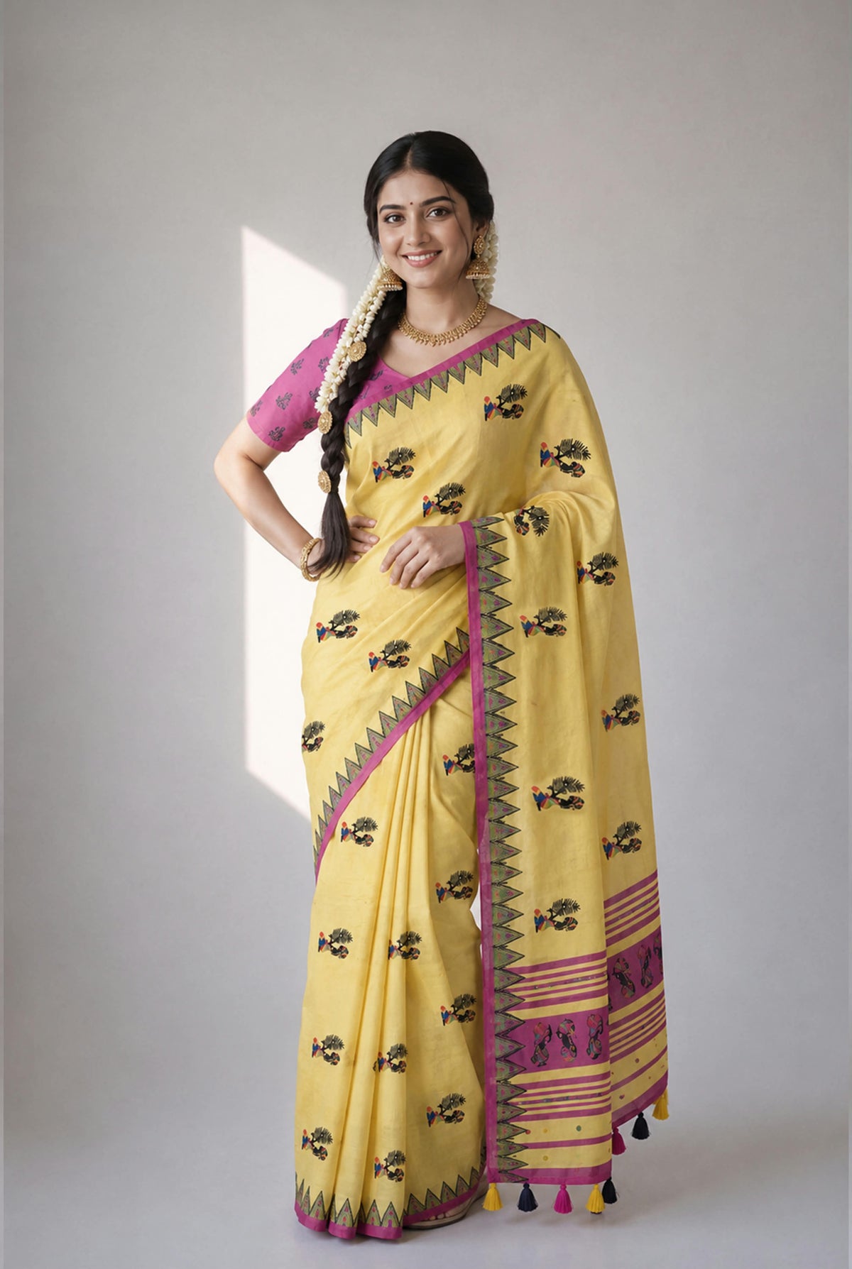 Yellow Soft Linen Cotton Saree with Folk Art Motifs, Magenta Border, Tassel Pallu and Running Blouse for Daily Wear