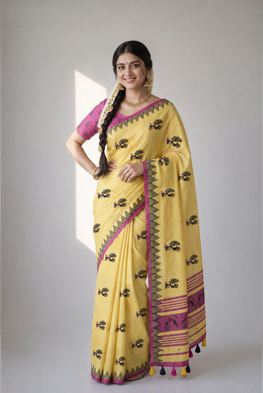 Yellow Soft Linen Cotton Saree with Folk Art Motifs, Magenta Border, Tassel Pallu and Running Blouse for Daily Wear