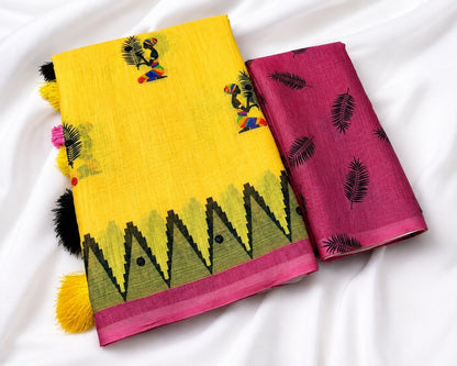 Yellow Soft Linen Cotton Saree with Folk Art Motifs, Magenta Border, Tassel Pallu and Running Blouse for Daily Wear