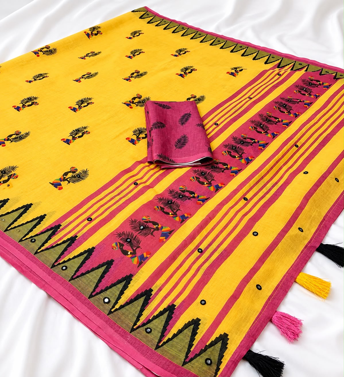 Yellow Soft Linen Cotton Saree with Folk Art Motifs, Magenta Border, Tassel Pallu and Running Blouse for Daily Wear