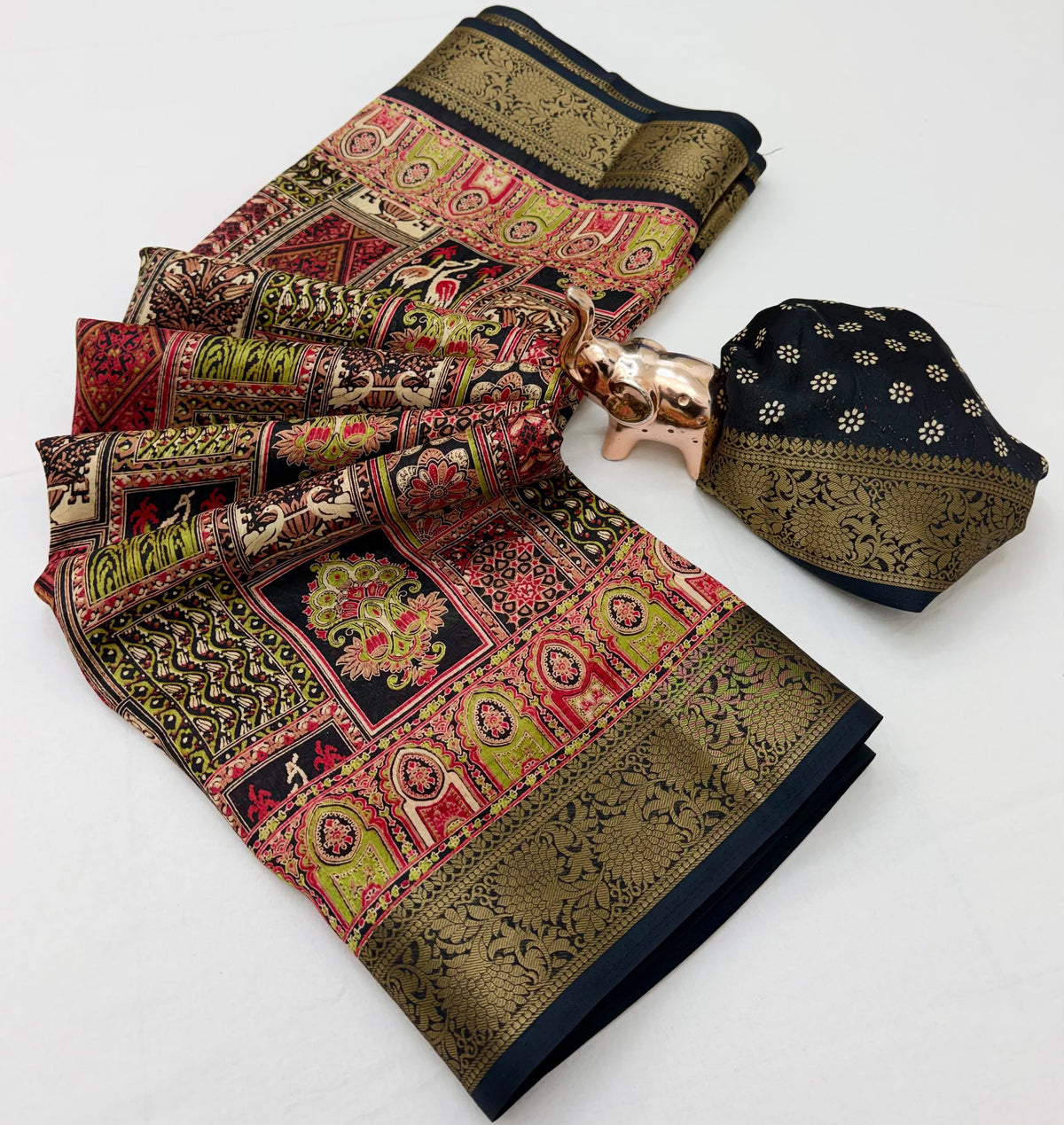 Purple Dola silk saree with multicolour traditional motifs and ornate gold-tone border