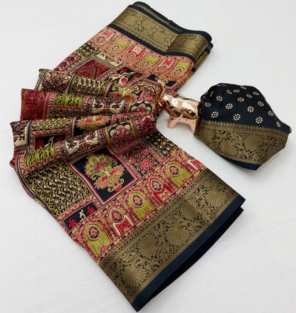 Purple Dola silk saree with multicolour traditional motifs and ornate gold-tone border