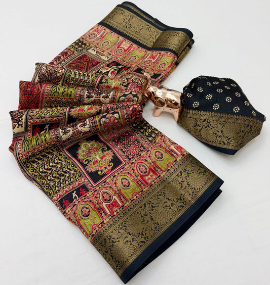 Purple Dola silk saree with multicolour traditional motifs and ornate gold-tone border