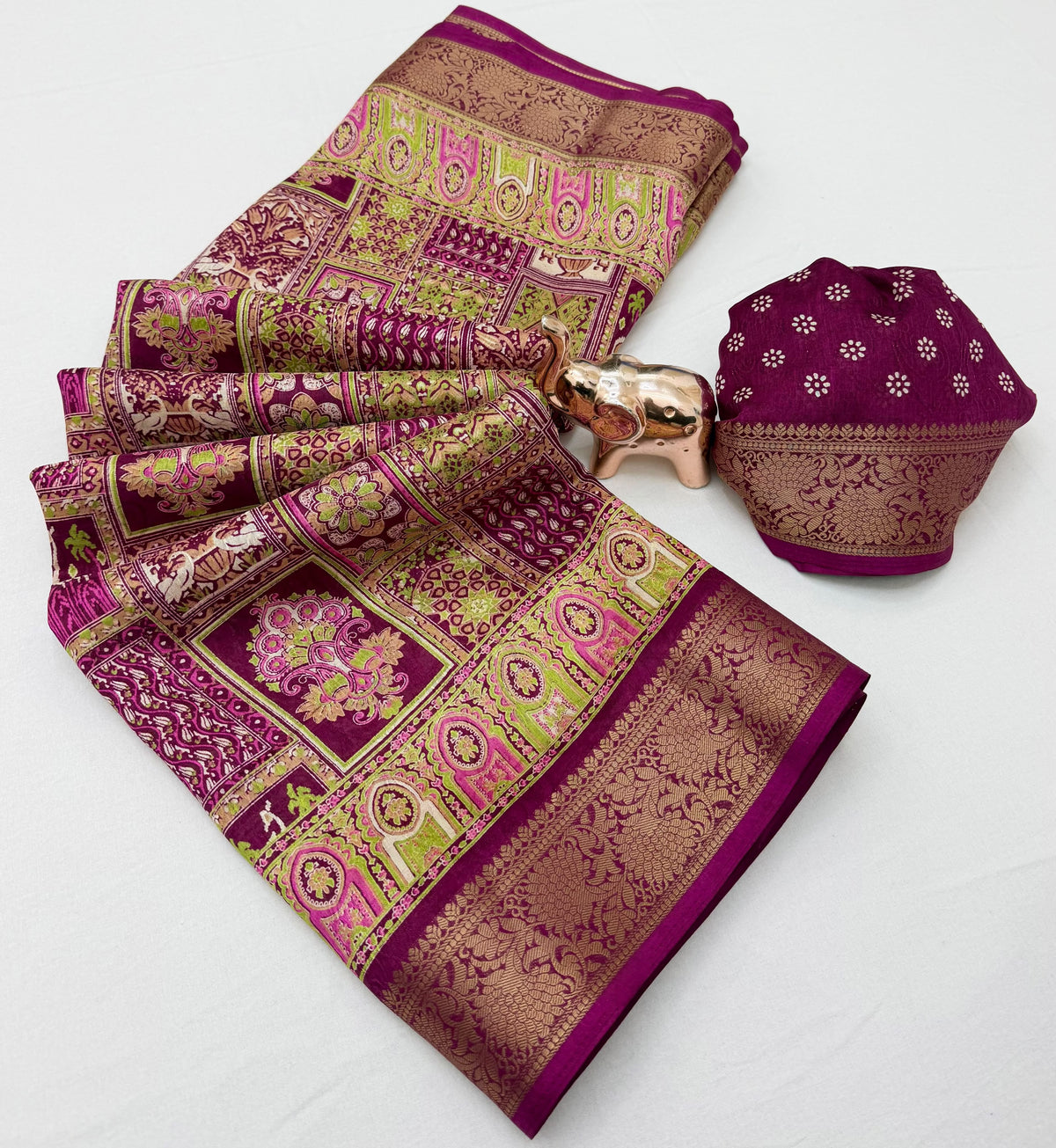 Teal green Dola silk saree with multicolour traditional motifs and blouse piece