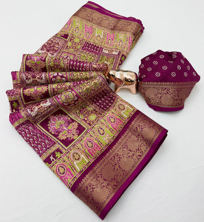 Teal green Dola silk saree with multicolour traditional motifs and blouse piece