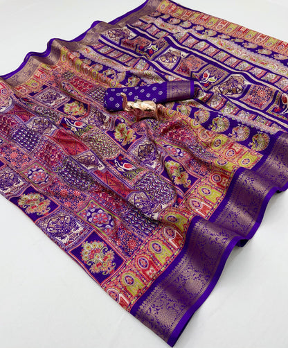 Purple Dola silk saree spread with multicolour panels and coordinating blouse
