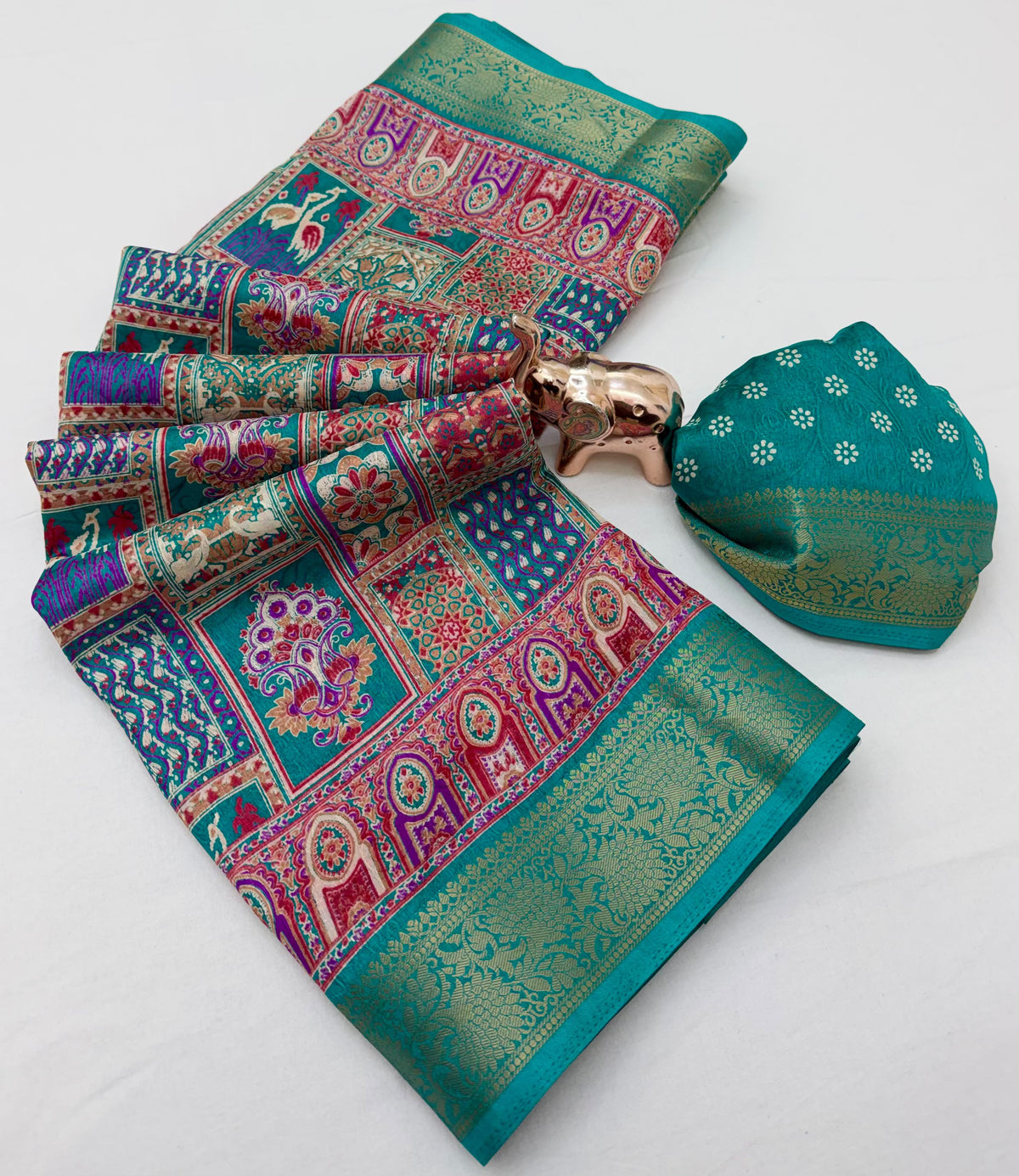 Black Dola silk saree spread with multicolour traditional motifs and gold-tone border