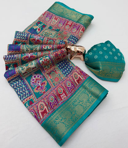 Black Dola silk saree spread with multicolour traditional motifs and gold-tone border