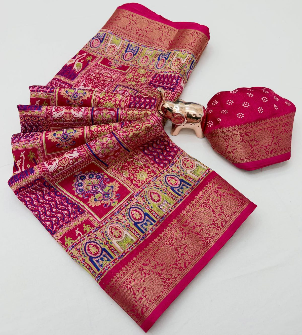 Dola Silk Saree with Multicolour Traditional Motifs and Ornate Border, 6.3 Metres with Running Blouse for Festive Wear