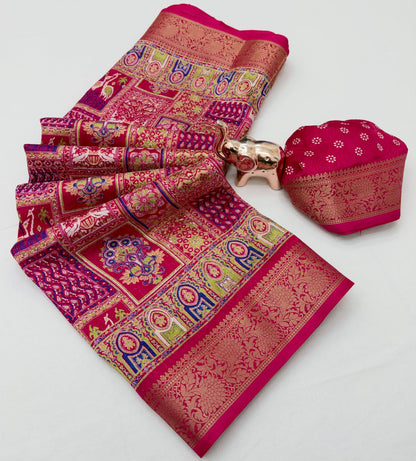 Dola Silk Saree with Multicolour Traditional Motifs and Ornate Border, 6.3 Metres with Running Blouse for Festive Wear