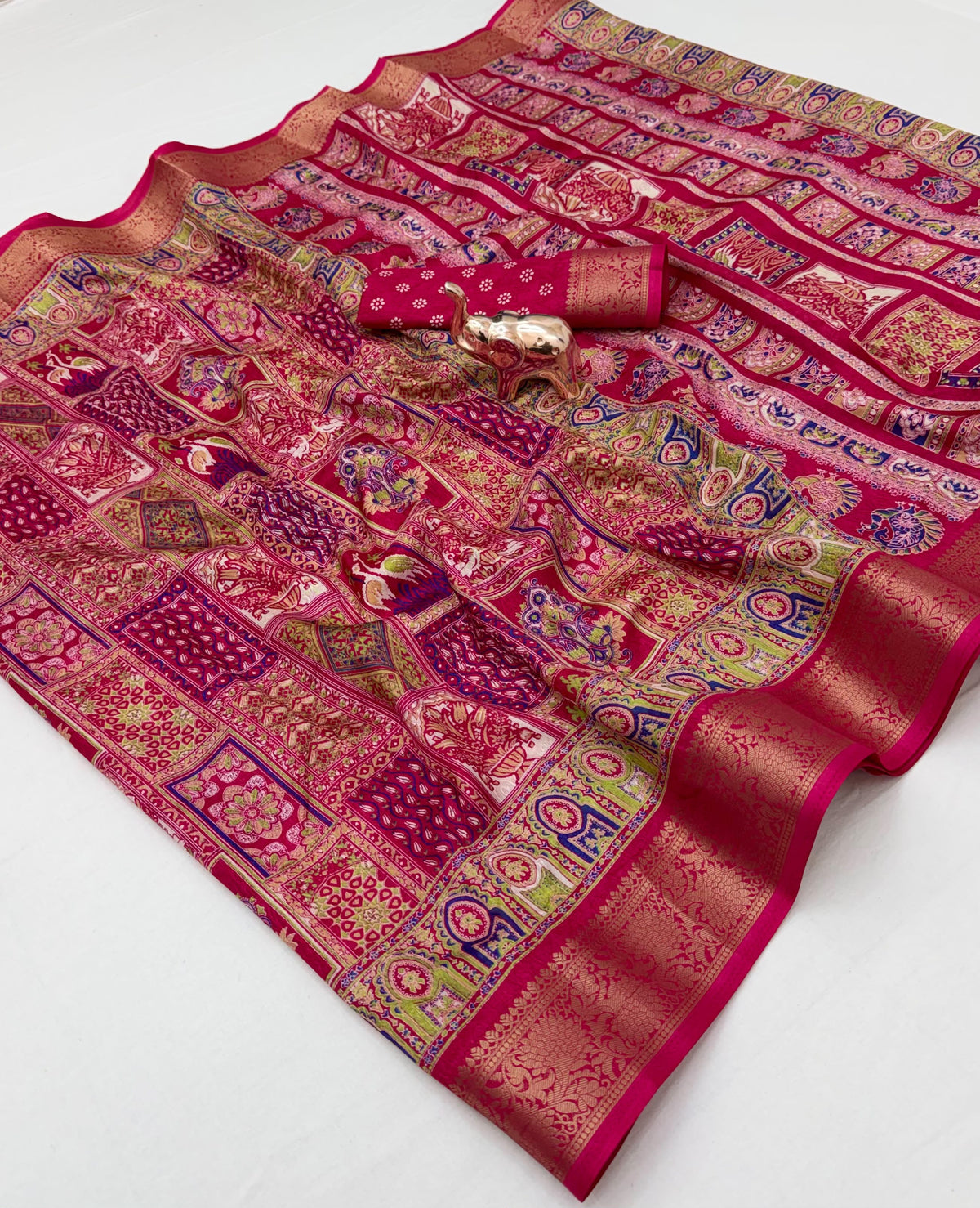 Dola Silk Saree with Multicolour Traditional Motifs and Ornate Border, 6.3 Metres with Running Blouse for Festive Wear