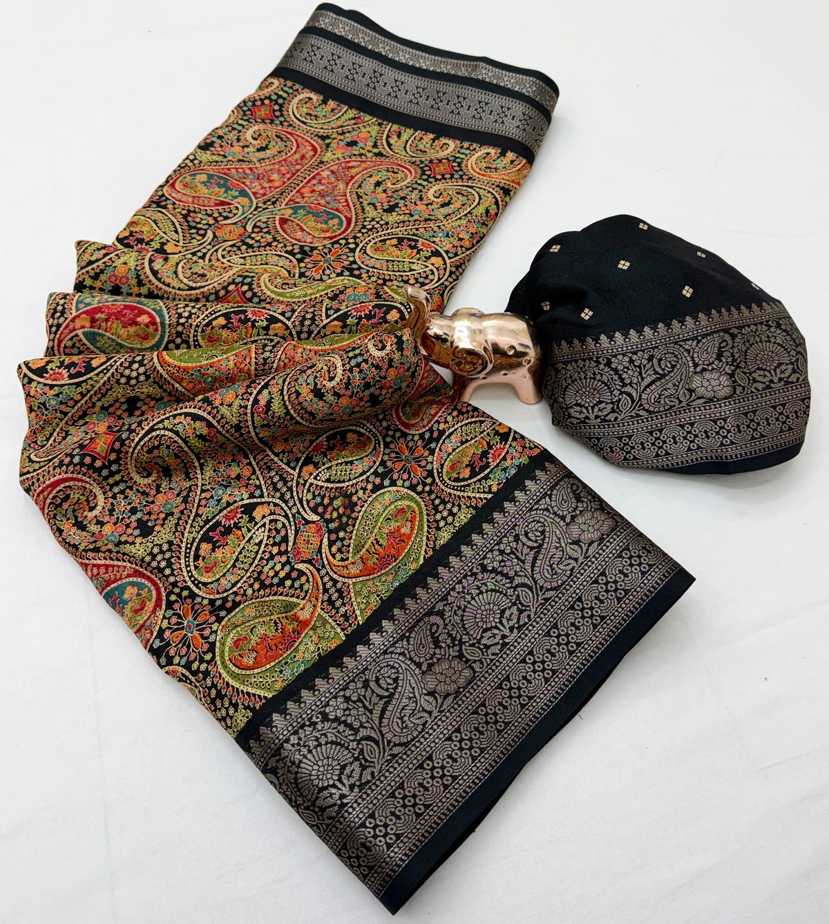 Black Marshmallow Silk Saree with Multicolour Paisley Design and Ornate Silver-Tone Border with Running Blouse