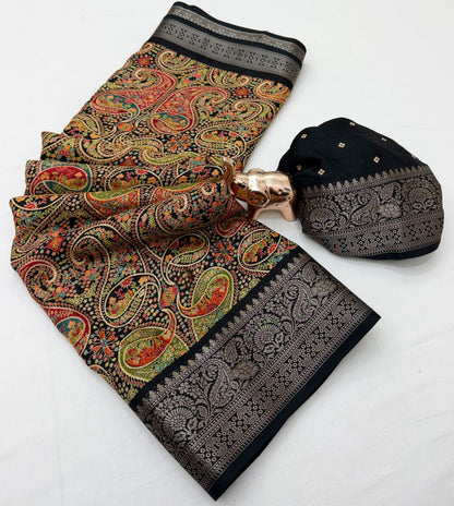 Black Marshmallow Silk Saree with Multicolour Paisley Design and Ornate Silver-Tone Border with Running Blouse