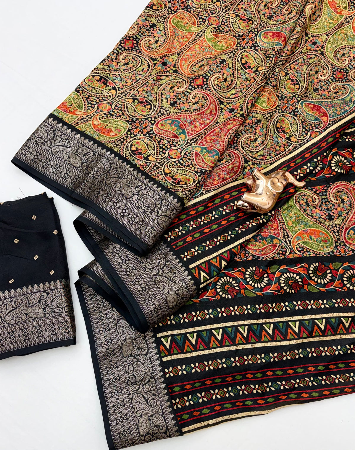 Black Marshmallow Silk Saree with Multicolour Paisley Design and Ornate Silver-Tone Border with Running Blouse
