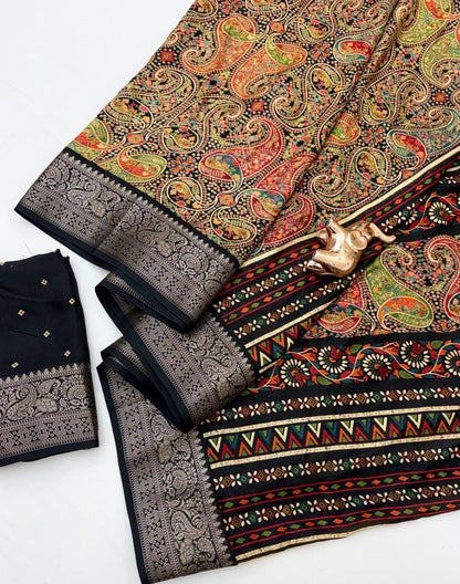 Black Marshmallow Silk Saree with Multicolour Paisley Design and Ornate Silver-Tone Border with Running Blouse