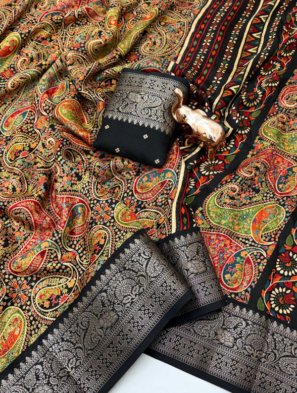 Black Marshmallow Silk Saree with Multicolour Paisley Design and Ornate Silver-Tone Border with Running Blouse