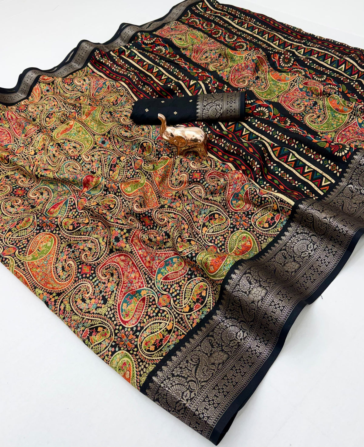 Black Marshmallow Silk Saree with Multicolour Paisley Design and Ornate Silver-Tone Border with Running Blouse
