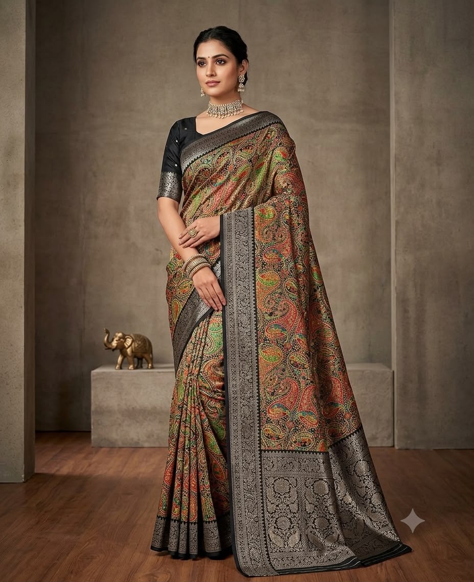 Black Marshmallow Silk Saree with Multicolour Paisley Design and Ornate Silver-Tone Border with Running Blouse