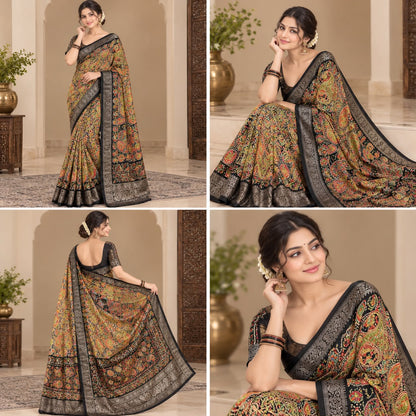 Black Marshmallow Silk Saree with Multicolour Paisley Design and Ornate Silver-Tone Border with Running Blouse