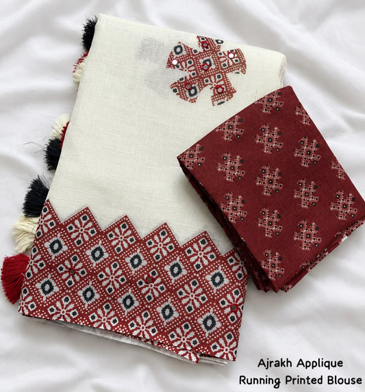Ivory and Maroon Soft Linen Cotton Saree with Geometric Motifs, Statement Border, Tassels and Running Printed Blouse