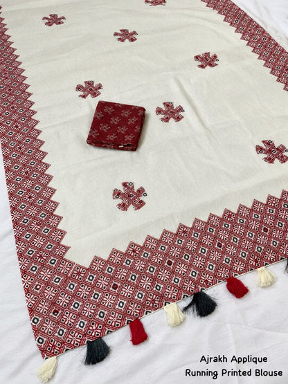 Ivory and Maroon Soft Linen Cotton Saree with Geometric Motifs, Statement Border, Tassels and Running Printed Blouse