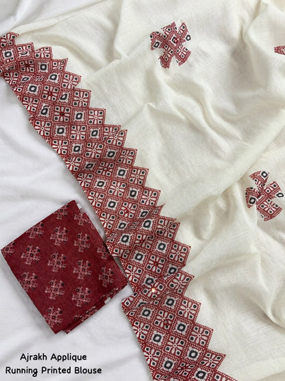 Ivory and Maroon Soft Linen Cotton Saree with Geometric Motifs, Statement Border, Tassels and Running Printed Blouse