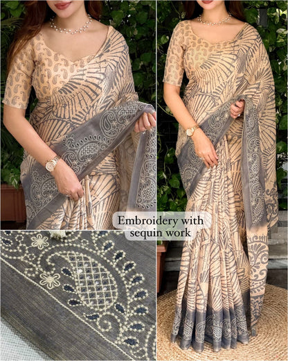 Cotton Printed Saree with Embroidered Sequin Border, Tassel Pallu and Running Blouse for Festive Occasions