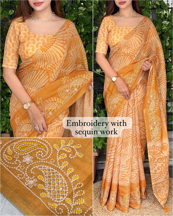 Cotton Printed Saree with Embroidered Sequin Border, Tassel Pallu and Running Blouse for Festive Occasions