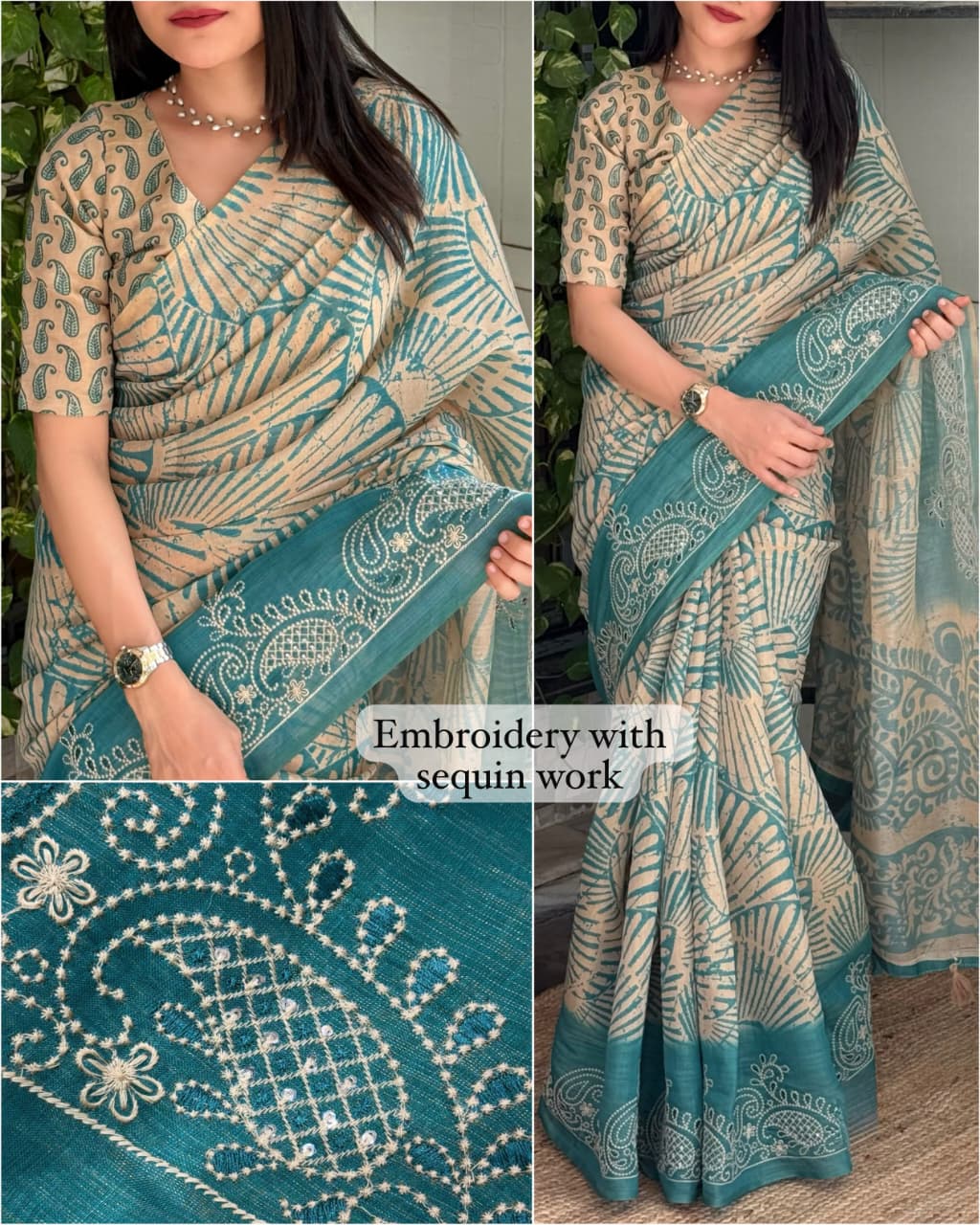 Cotton Printed Saree with Embroidered Sequin Border, Tassel Pallu and Running Blouse for Festive Occasions