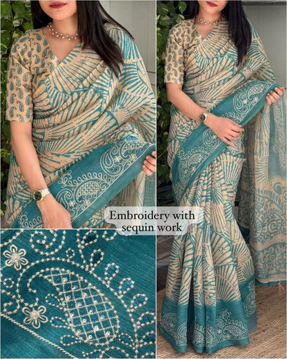 Cotton Printed Saree with Embroidered Sequin Border, Tassel Pallu and Running Blouse for Festive Occasions
