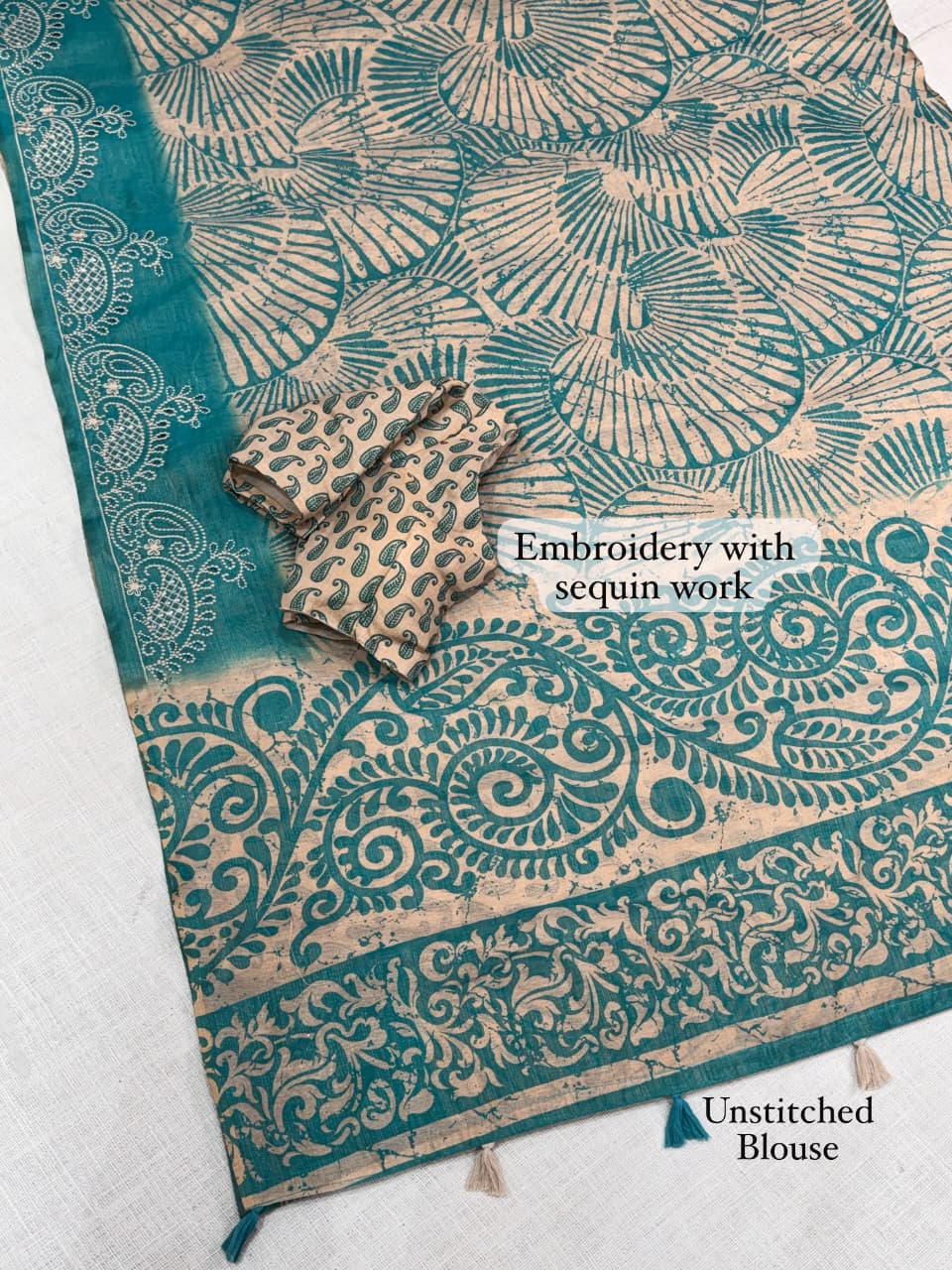 Cotton Printed Saree with Embroidered Sequin Border, Tassel Pallu and Running Blouse for Festive Occasions