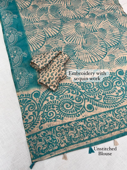 Cotton Printed Saree with Embroidered Sequin Border, Tassel Pallu and Running Blouse for Festive Occasions