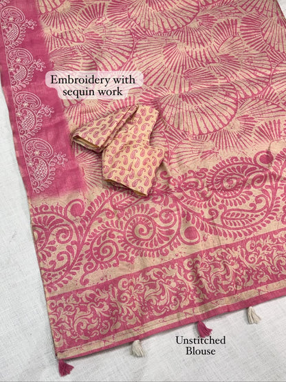 Cotton Printed Saree with Embroidered Sequin Border, Tassel Pallu and Running Blouse for Festive Occasions