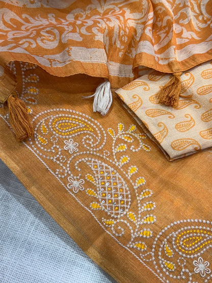 Cotton Printed Saree with Embroidered Sequin Border, Tassel Pallu and Running Blouse for Festive Occasions