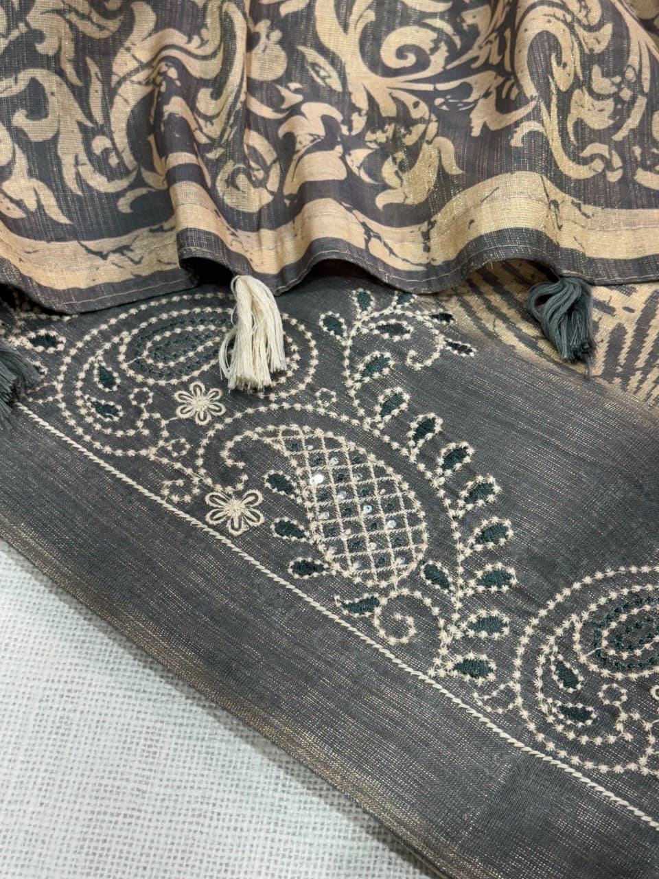 Cotton Printed Saree with Embroidered Sequin Border, Tassel Pallu and Running Blouse for Festive Occasions