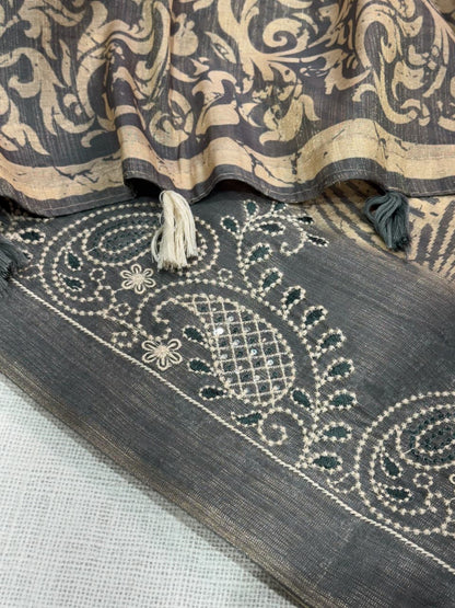 Cotton Printed Saree with Embroidered Sequin Border, Tassel Pallu and Running Blouse for Festive Occasions