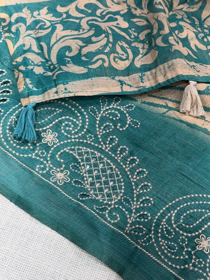 Cotton Printed Saree with Embroidered Sequin Border, Tassel Pallu and Running Blouse for Festive Occasions