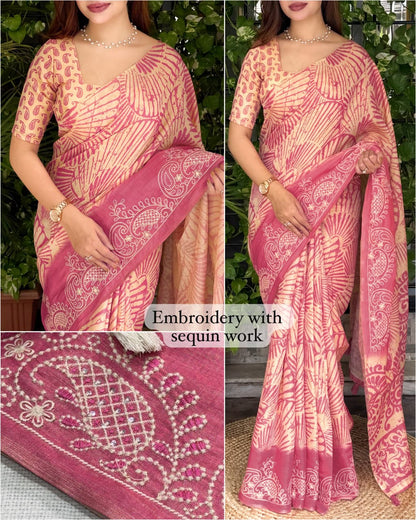 Cotton Printed Saree with Embroidered Sequin Border, Tassel Pallu and Running Blouse for Festive Occasions