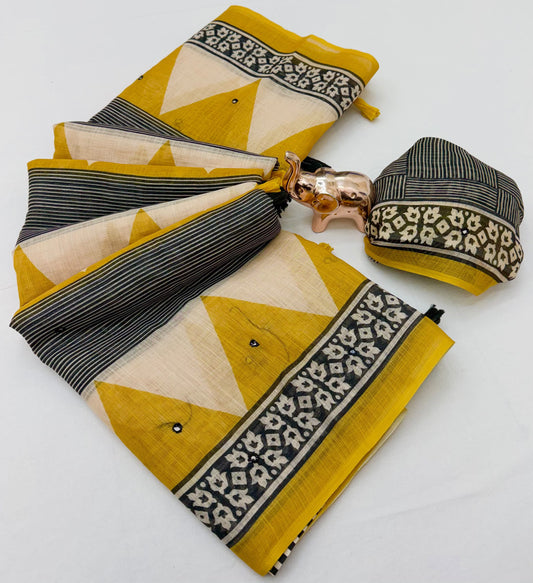 Mustard Yellow & Cream Soft Linen Cotton Saree with Black Stripes, Geometric Design and Running Blouse for Daily Wear