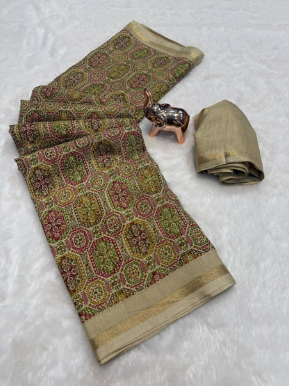 Tussar Saree with Kashmiri-Inspired Geometric Motifs, Gold-Tone Border and Running Blouse for Festive Occasions