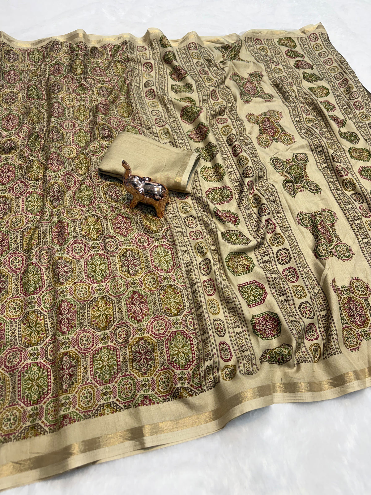 Tussar Saree with Kashmiri-Inspired Geometric Motifs, Gold-Tone Border and Running Blouse for Festive Occasions