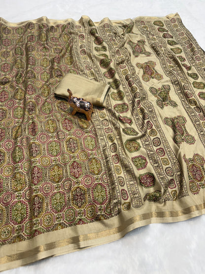 Tussar Saree with Kashmiri-Inspired Geometric Motifs, Gold-Tone Border and Running Blouse for Festive Occasions