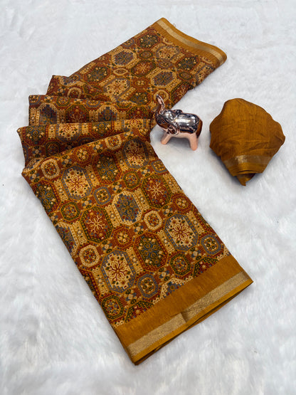 Tussar Saree with Kashmiri-Inspired Geometric Motifs, Gold-Tone Border and Running Blouse for Festive Occasions