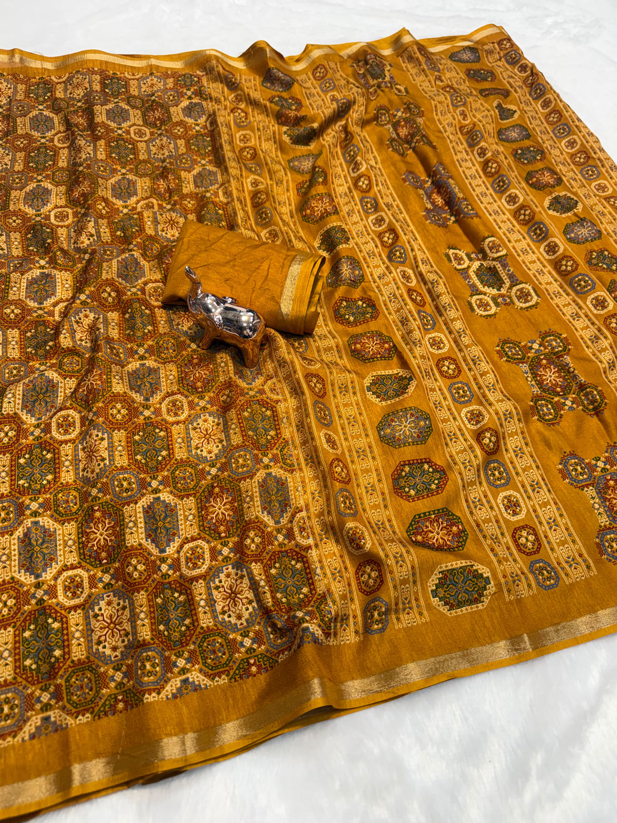 Tussar Saree with Kashmiri-Inspired Geometric Motifs, Gold-Tone Border and Running Blouse for Festive Occasions