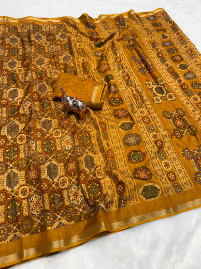 Tussar Saree with Kashmiri-Inspired Geometric Motifs, Gold-Tone Border and Running Blouse for Festive Occasions