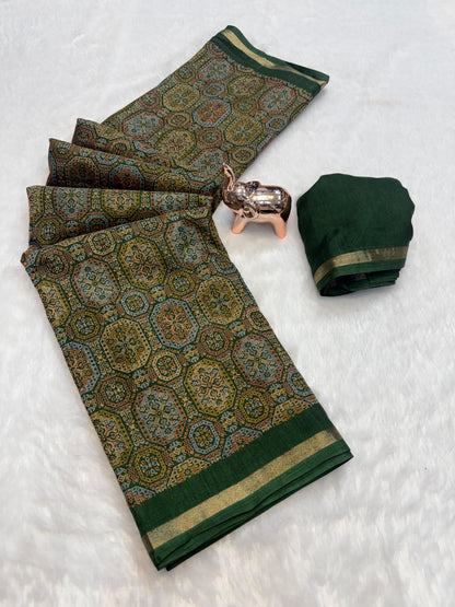 Tussar Saree with Kashmiri-Inspired Geometric Motifs, Gold-Tone Border and Running Blouse for Festive Occasions