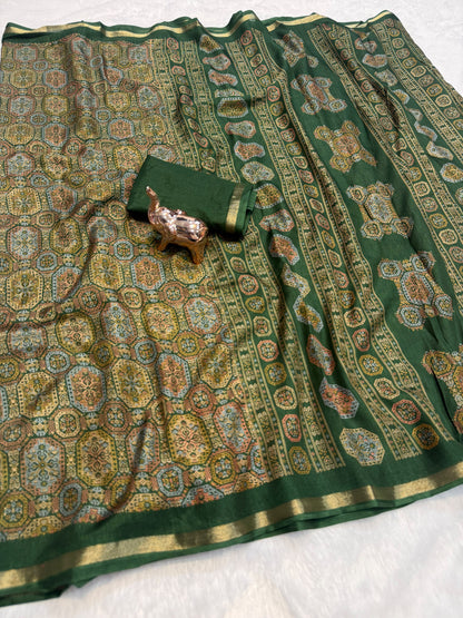Tussar Saree with Kashmiri-Inspired Geometric Motifs, Gold-Tone Border and Running Blouse for Festive Occasions